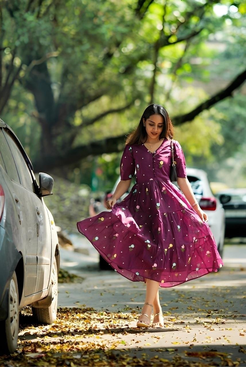 Wine Berry Embroidered Maxi │ Newyear Cotton Flaired Dress in Offer