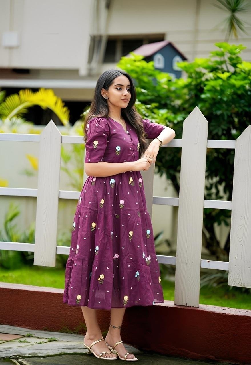 Wine Berry Embroidered Maxi │ Newyear Cotton Flaired Dress in Offer