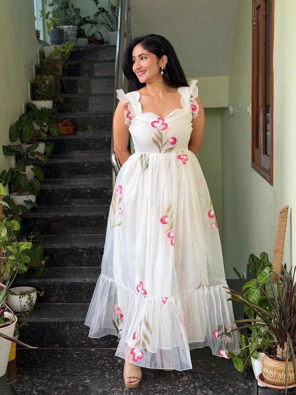 Super‑hit Handpainted Floral Print Maxi Gown