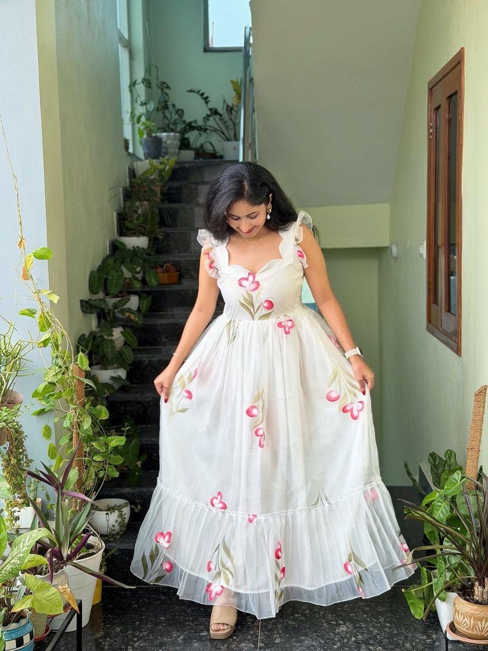 Super‑hit Handpainted Floral Print Maxi Gown