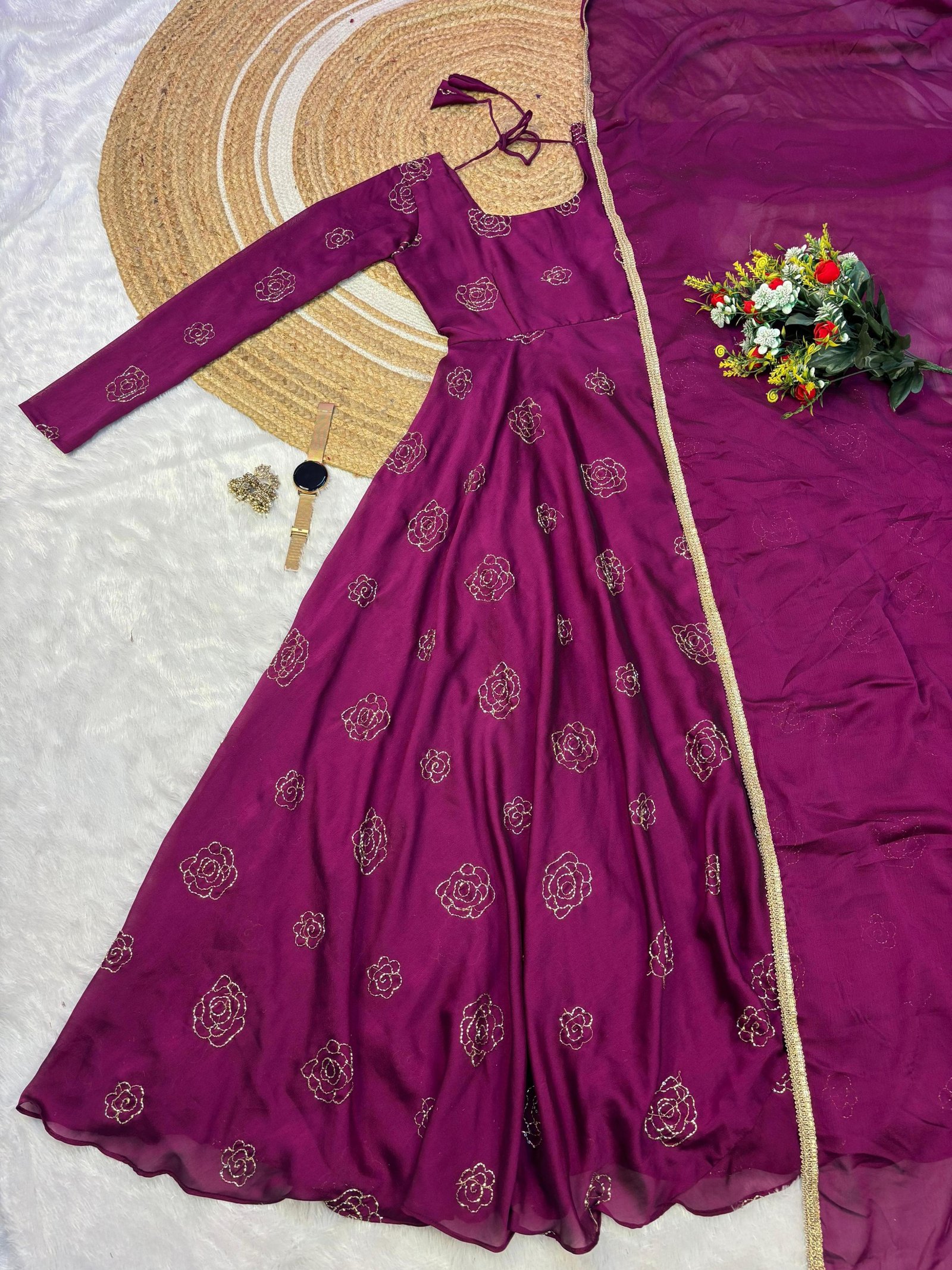Elegance Festive Gown with Aari Work & Dupatta ✨
