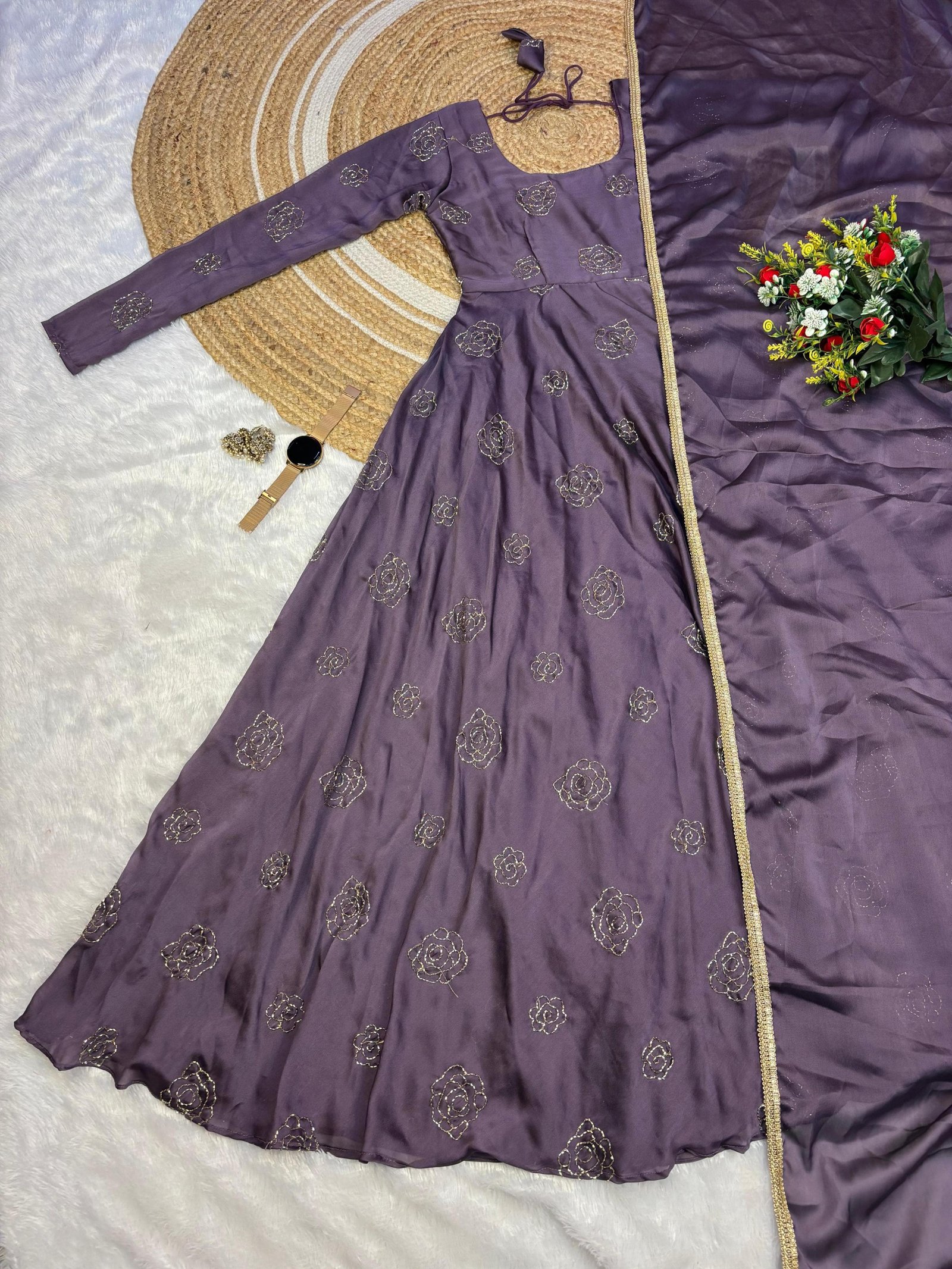 Elegance Festive Gown with Aari Work & Dupatta ✨