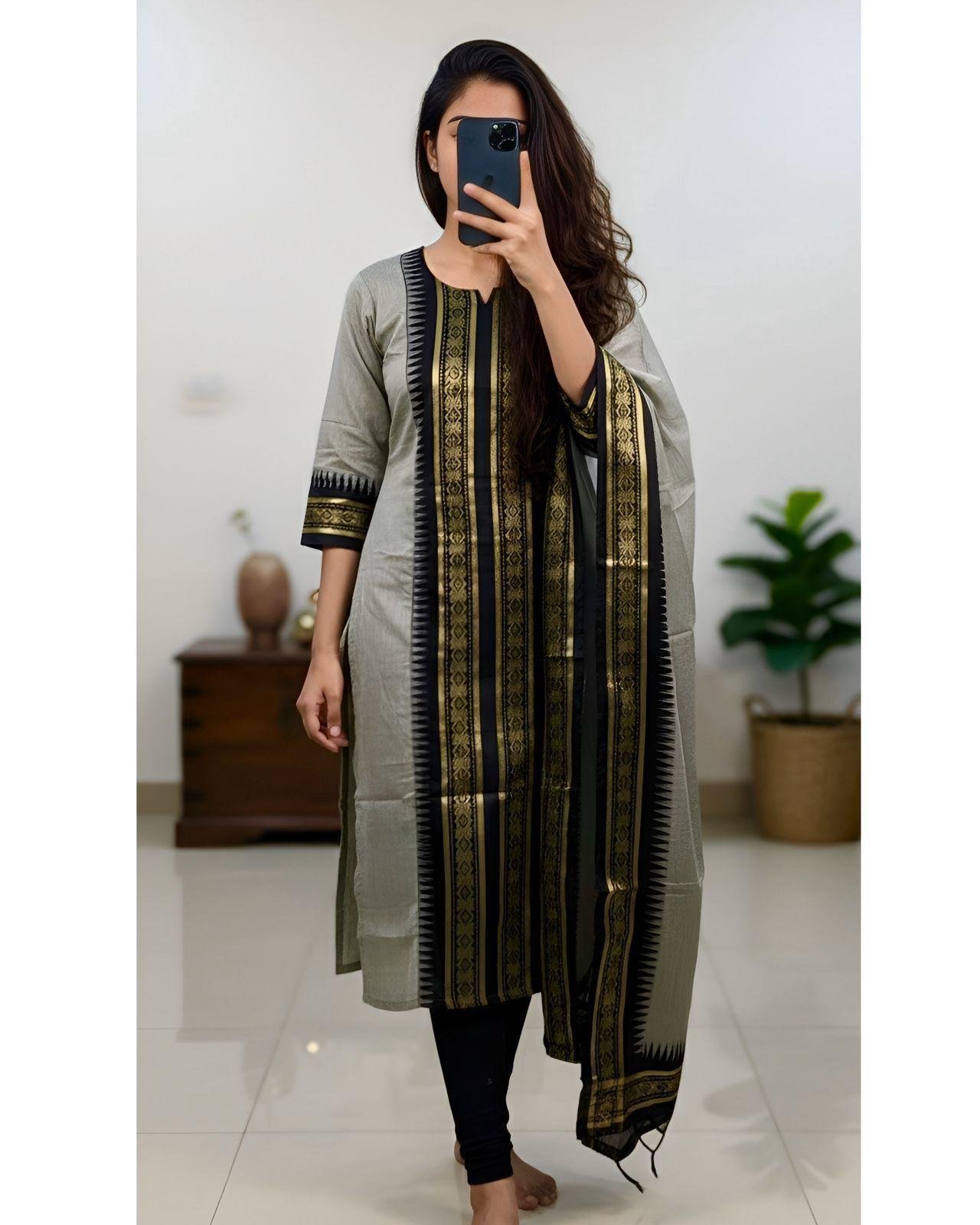 Pure Silk Cotton Kurti Set with Zari Kanchi Border & Contrast Dupatta