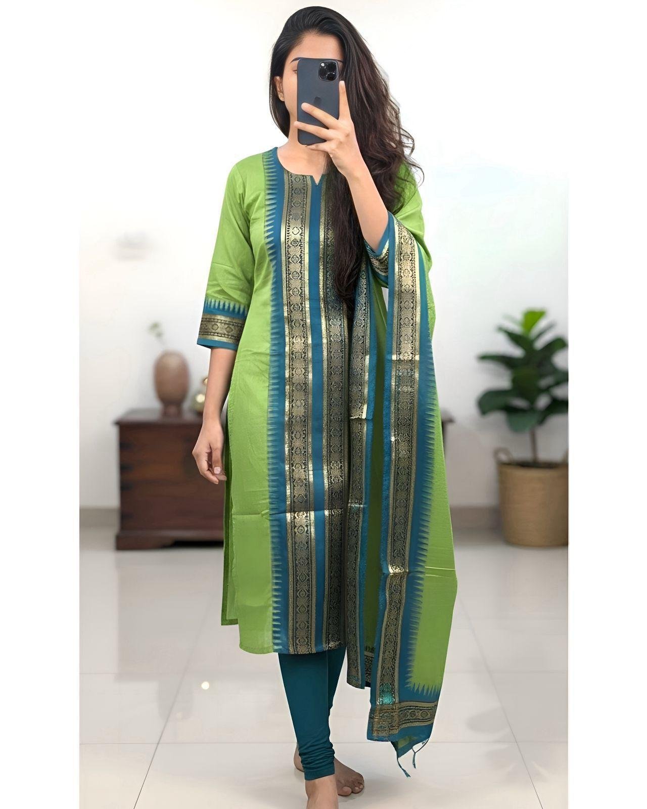 Pure Silk Cotton Kurti Set with Zari Kanchi Border & Contrast Dupatta