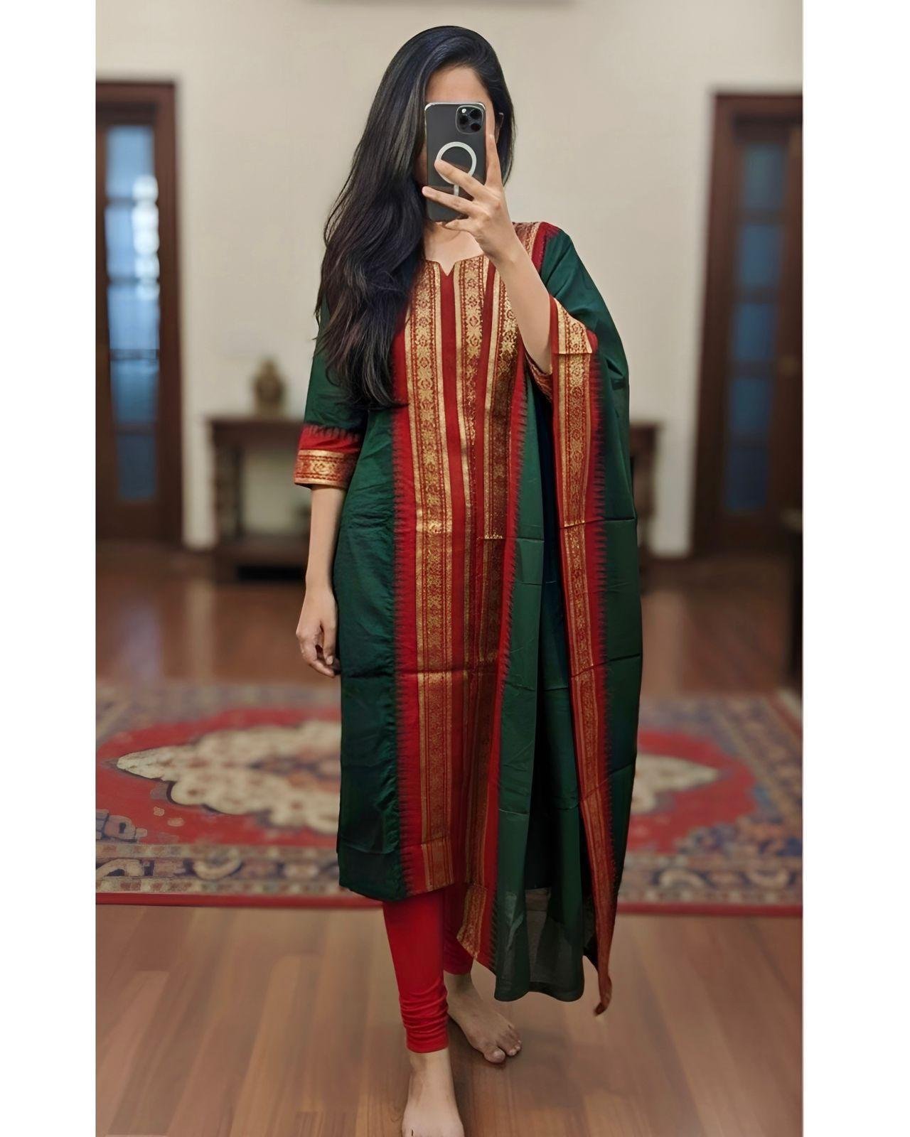 Pure Silk Cotton Kurti Set with Zari Kanchi Border & Contrast Dupatta