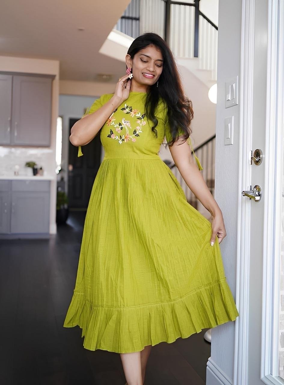 Indu Dress in Rayon Slub with Embroidery Work