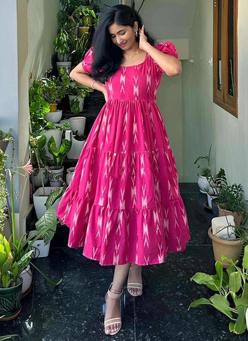 Women’s Pink Cotton Printed Puff-Sleeve Maxi Dress