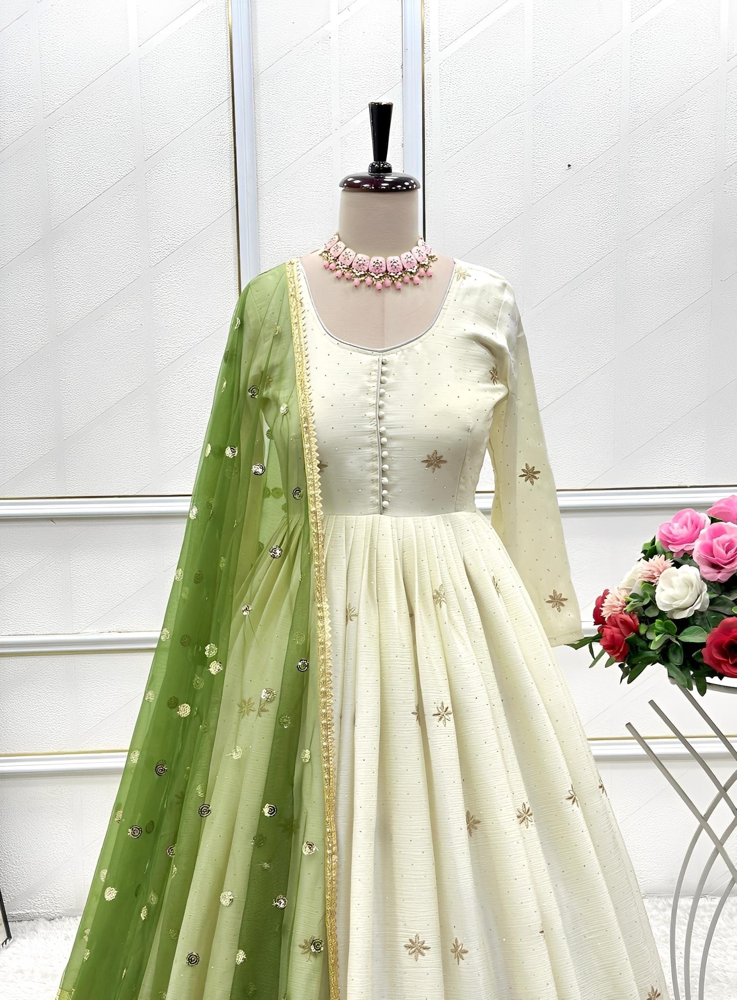 Premium Dola Silk Embroidered Suit Set with Detailing & Net Dupatta