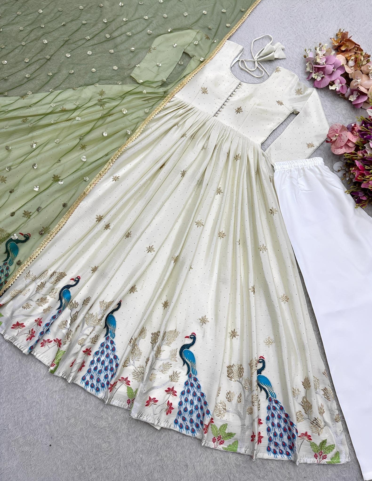 Premium Dola Silk Embroidered Suit Set with Detailing & Net Dupatta