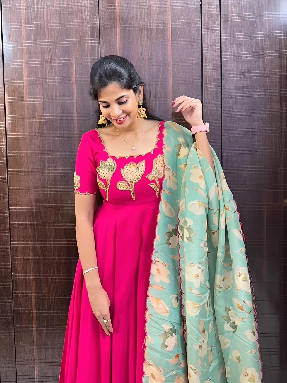 Hand Painted Maggam Work Gown with Dupatta