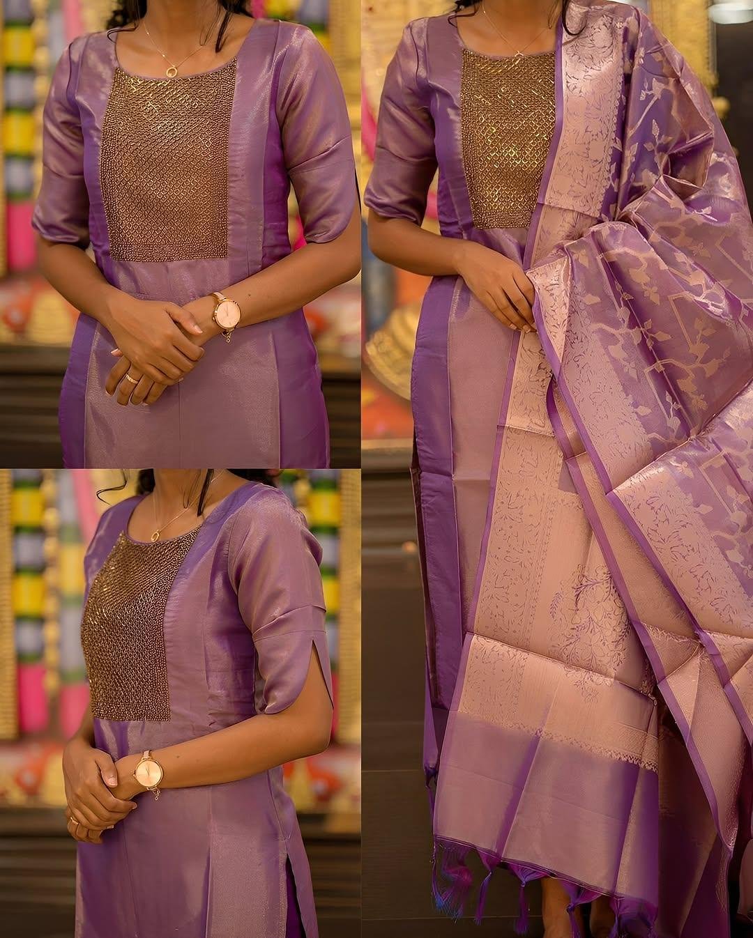 Lilac Tissue Kurta Set with Handwork Neck & Banarasi Dupatta | Elegant Festive Wear