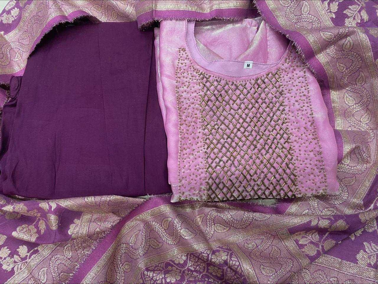 Lilac Tissue Kurta Set with Handwork Neck & Banarasi Dupatta | Elegant Festive Wear