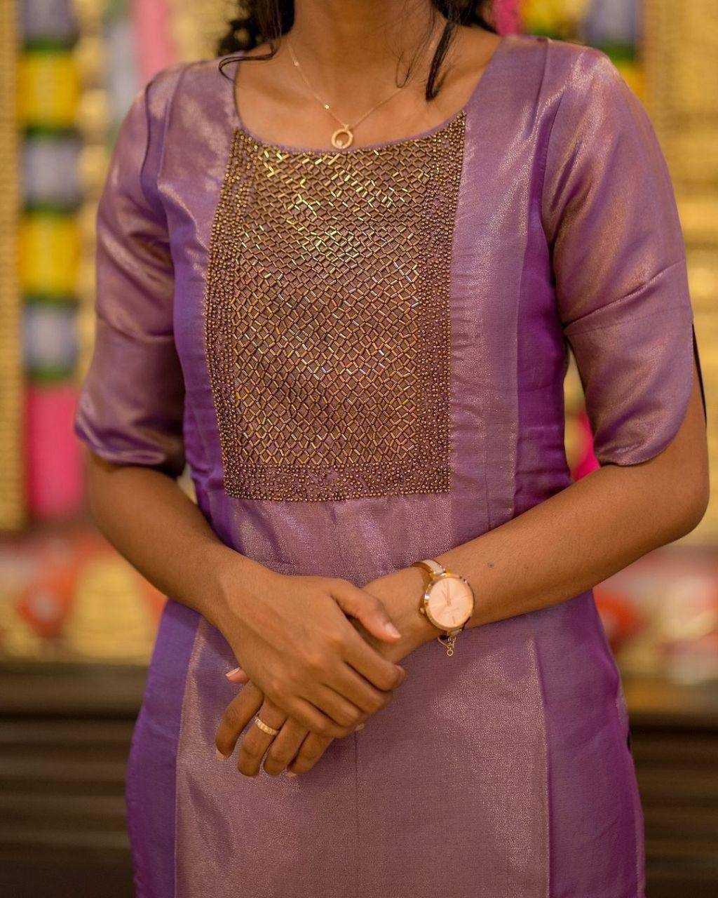 Lilac Tissue Kurta Set with Handwork Neck & Banarasi Dupatta | Elegant Festive Wear