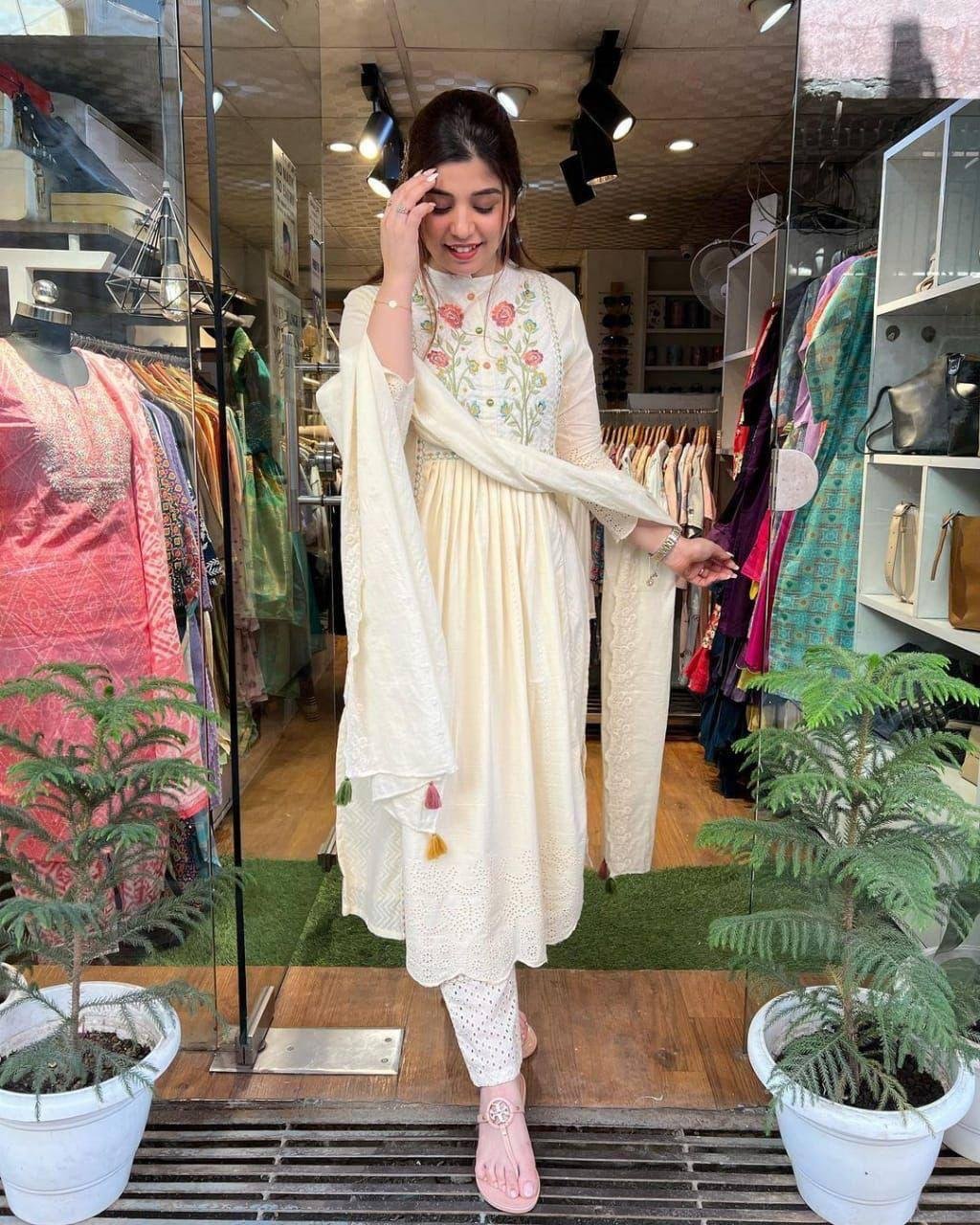 Cotton Embroidered Kurta Set with Pants & Dupatta
