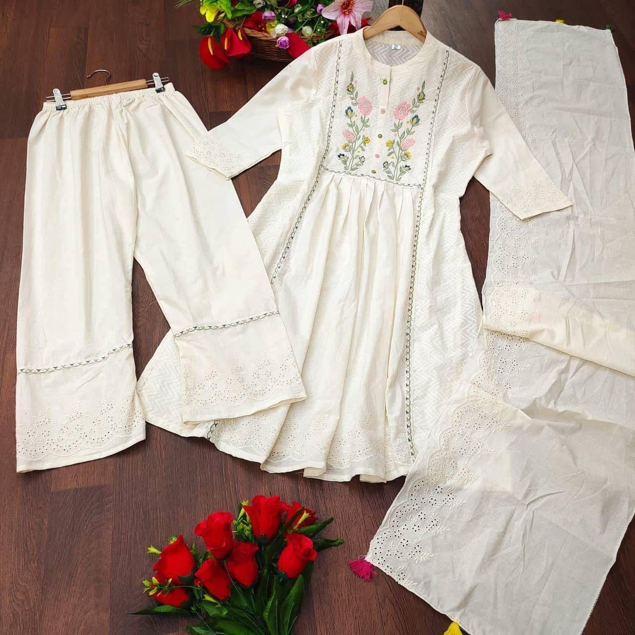 Cotton Embroidered Kurta Set with Pants & Dupatta