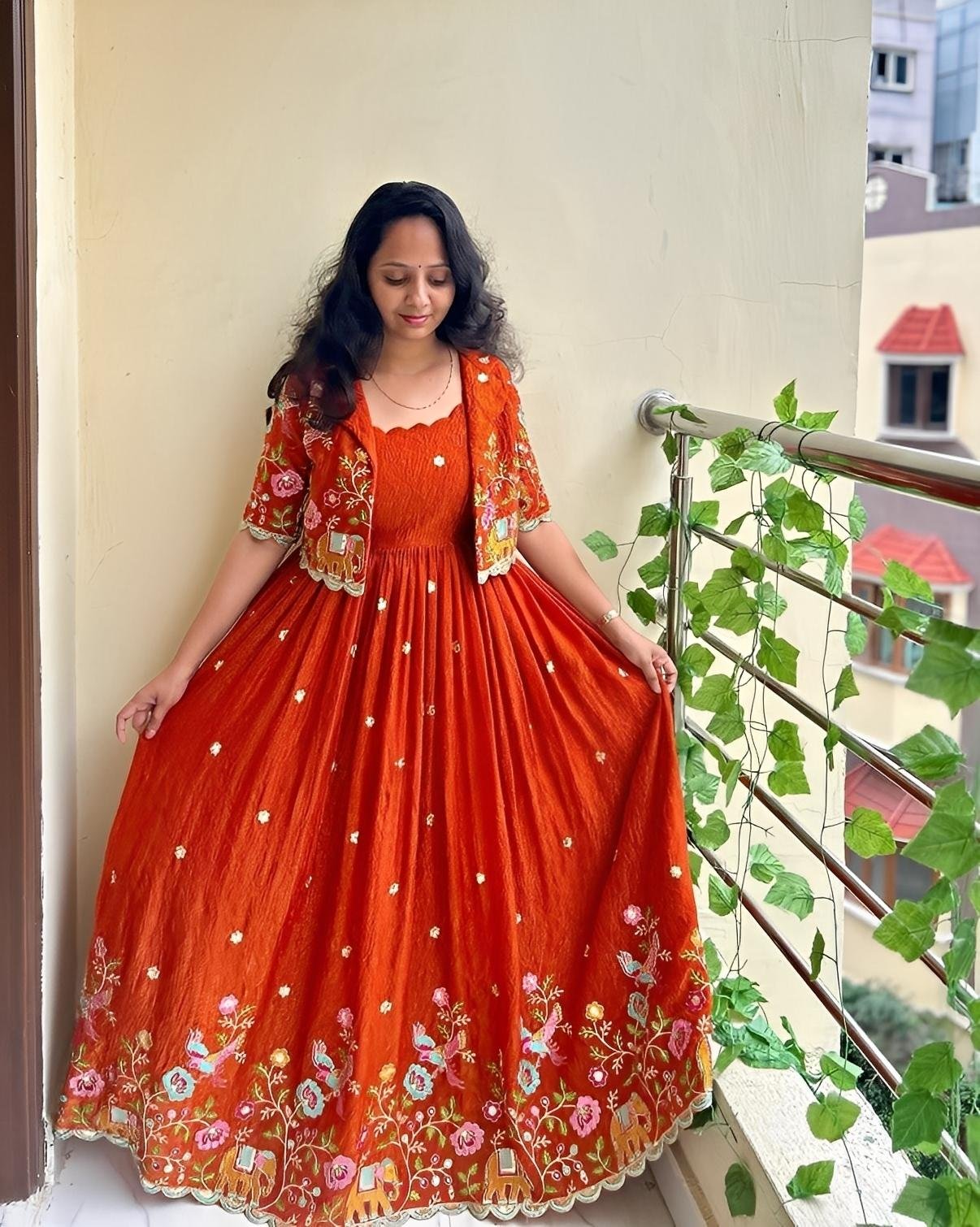 Faux Georgette Embroidered Gown & Coat Set | Elegant Party & Festive Wear