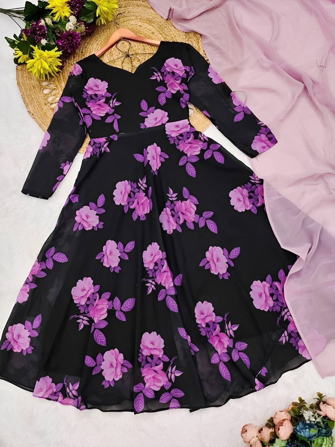 Floral Fox Georgette Gown Set with Dupatta | Elegant & Refreshing Ethnic Wear