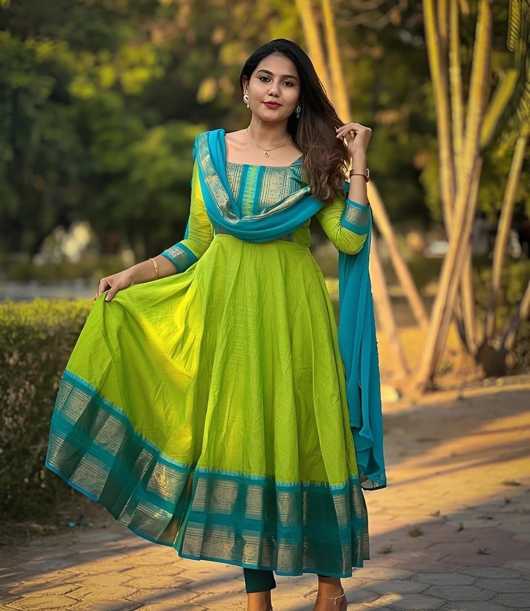 Parrot Blue Silk Gown with Dupatta set│Pretty ethnic Gown sets│Steal Deal Offer