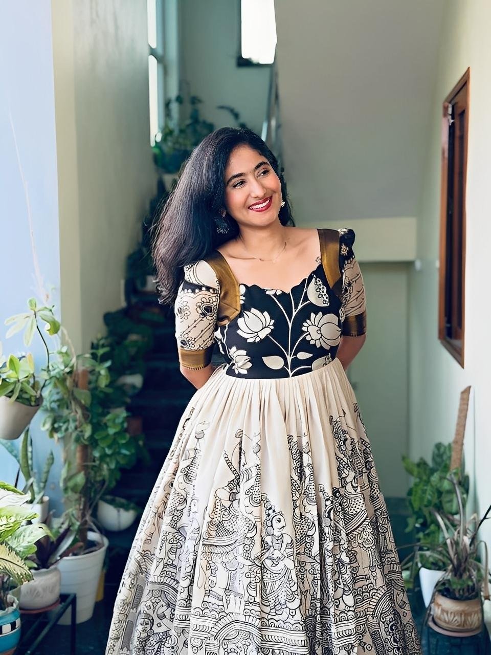 Kalamkari White Silk Anarkali with Lining │Lotus Kolam printed Long Gowns