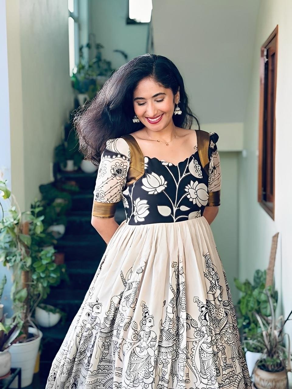 Kalamkari White Silk Anarkali with Lining │Lotus Kolam printed Long Gowns