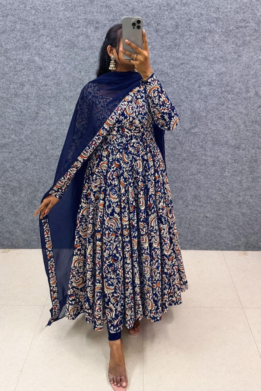 Blue Kalamkari Gown with Dupatta set - Clearance sale offer -LIMITED STOCKS