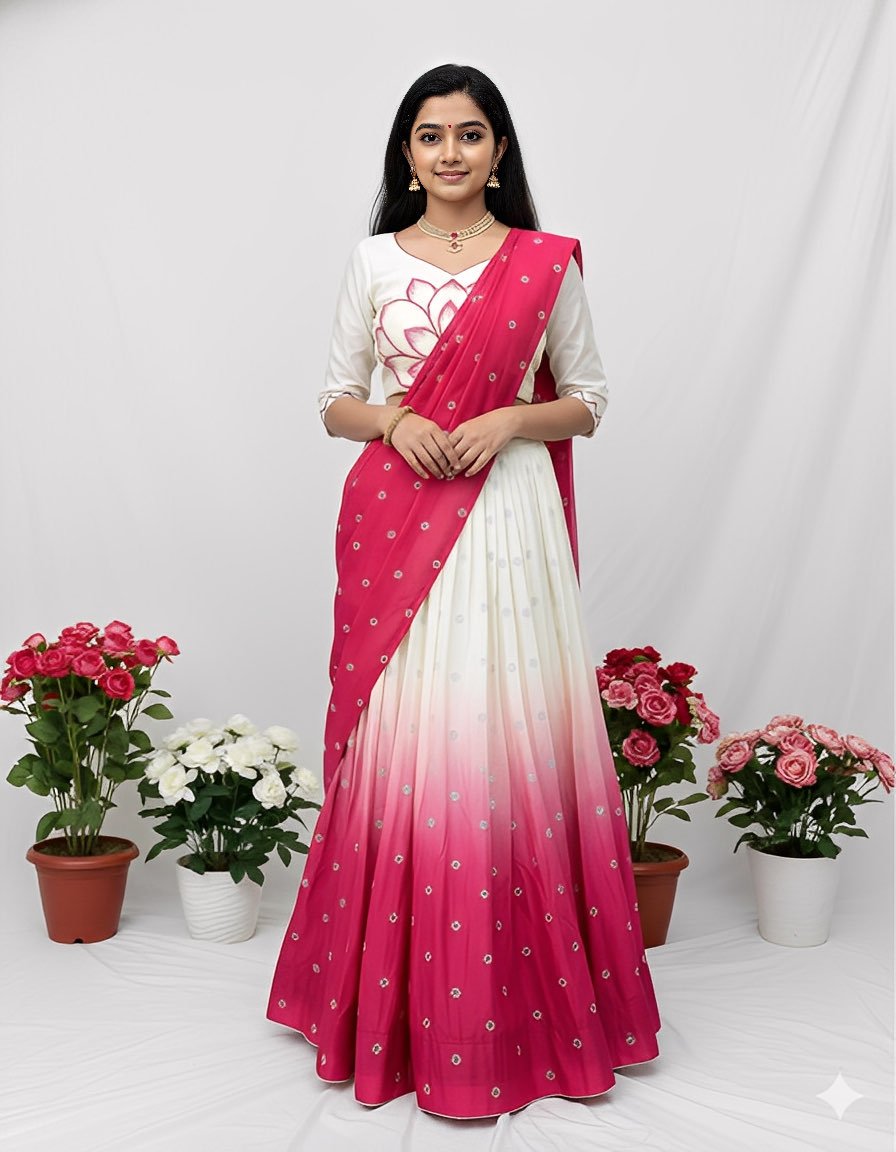 White Lovers Pink Jasmine Lehenga - Fully stitched Halfsaree