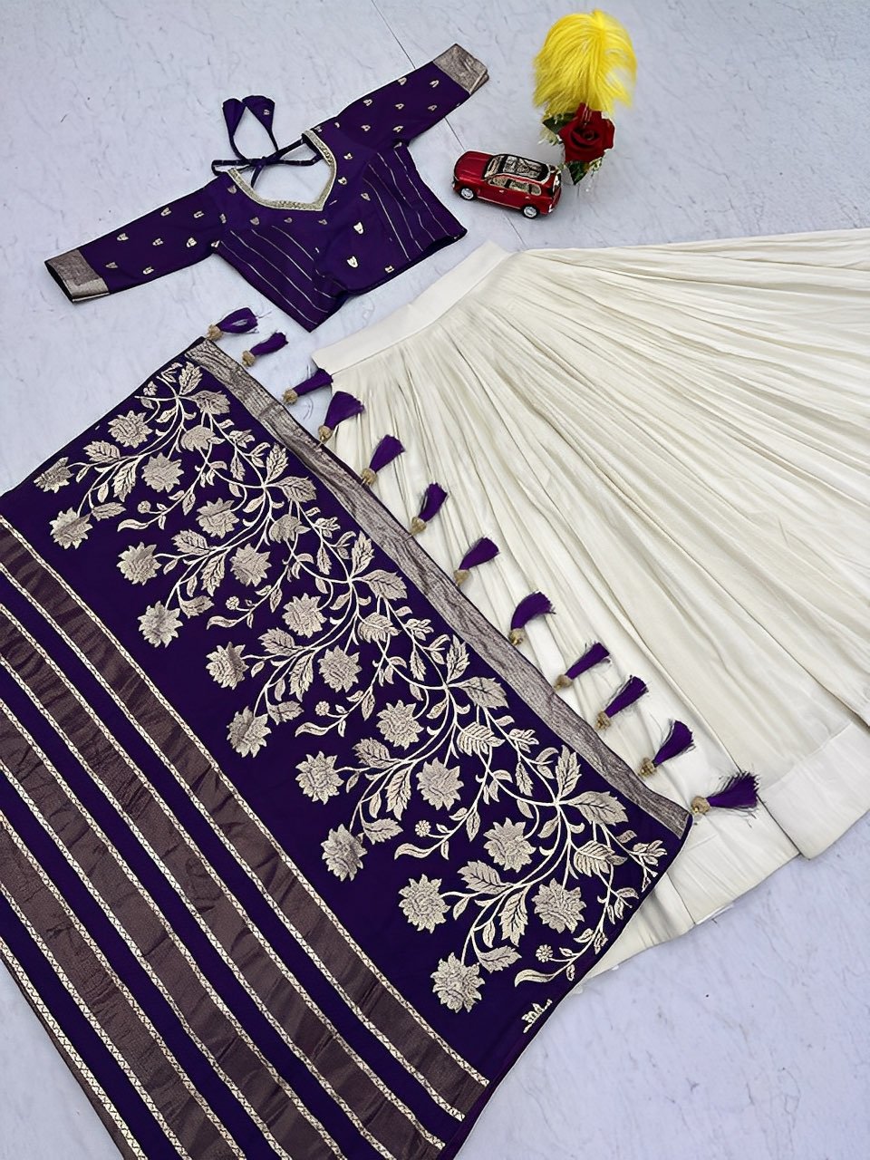 White lovers Jacquard  Silk Lehenga - Ready to wear  Halfsaree