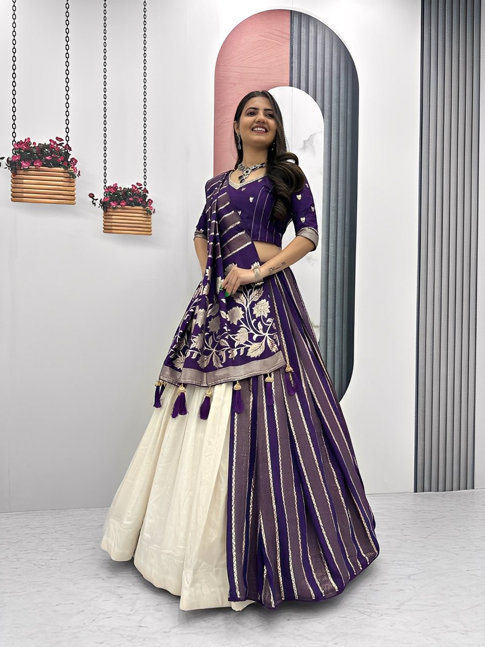 White lovers Jacquard  Silk Lehenga - Ready to wear  Halfsaree