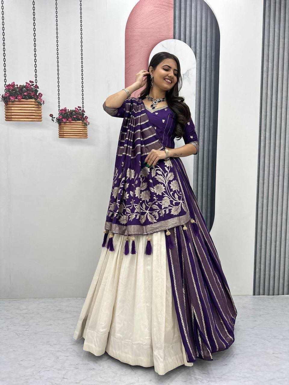 White lovers Jacquard  Silk Lehenga - Ready to wear  Halfsaree