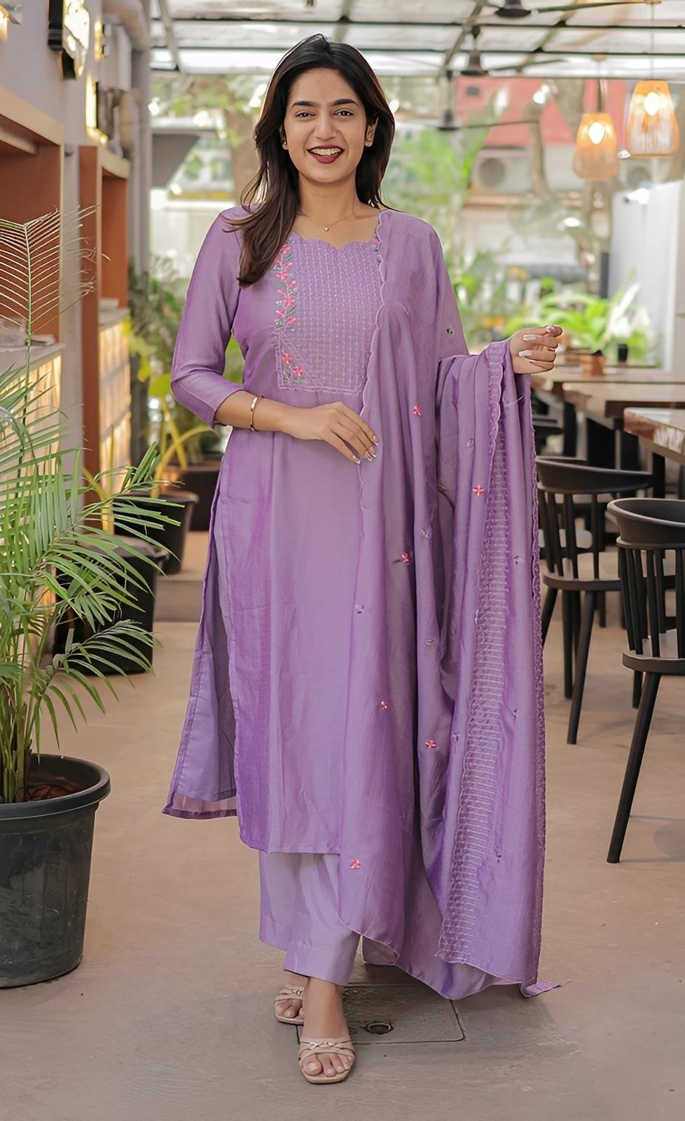 Elegant Vertical Cotton Calf-Length Straight Kurta Set