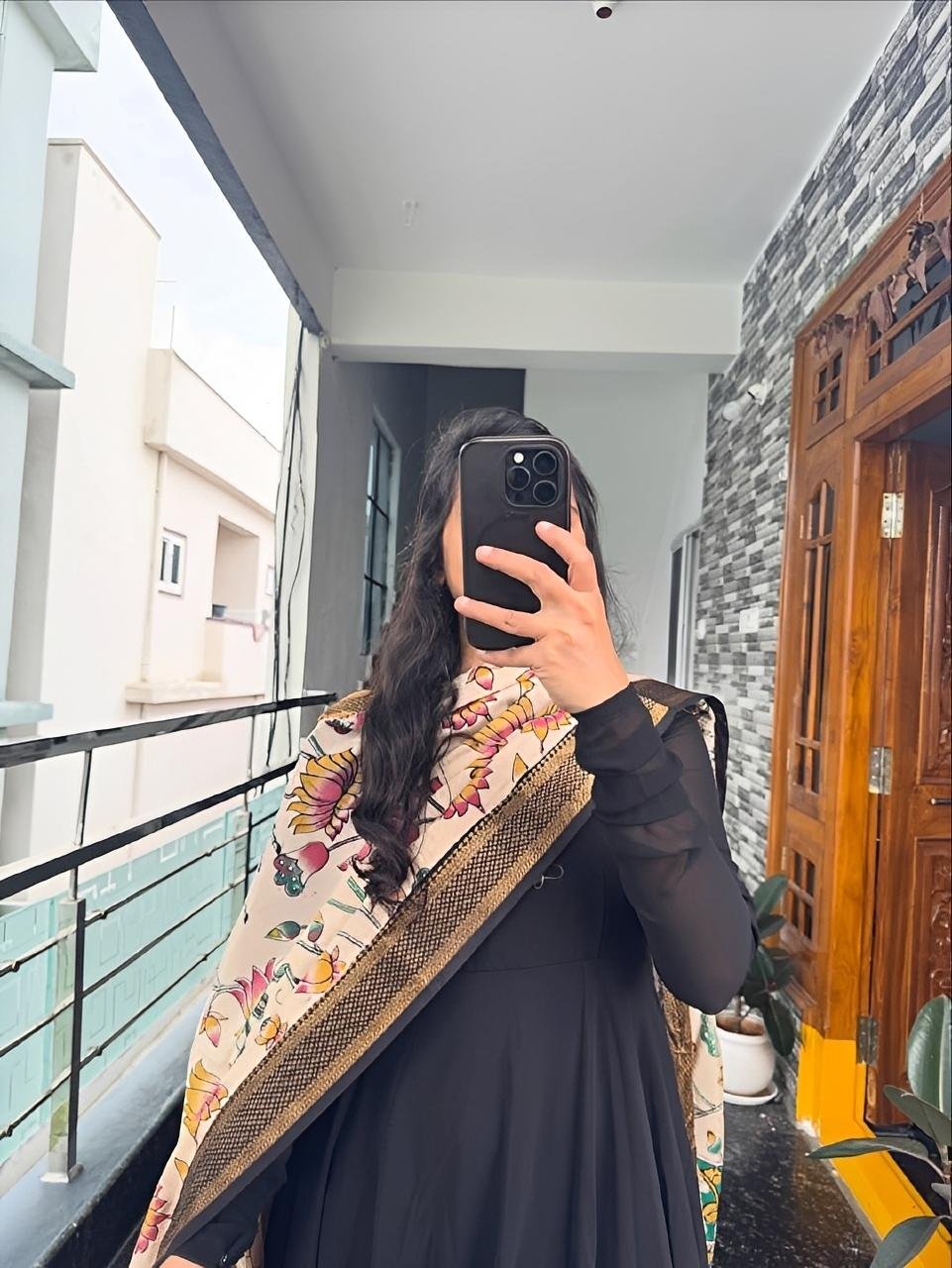 Black Designer Anarkali and Kalamkari Dupatta set - Offer