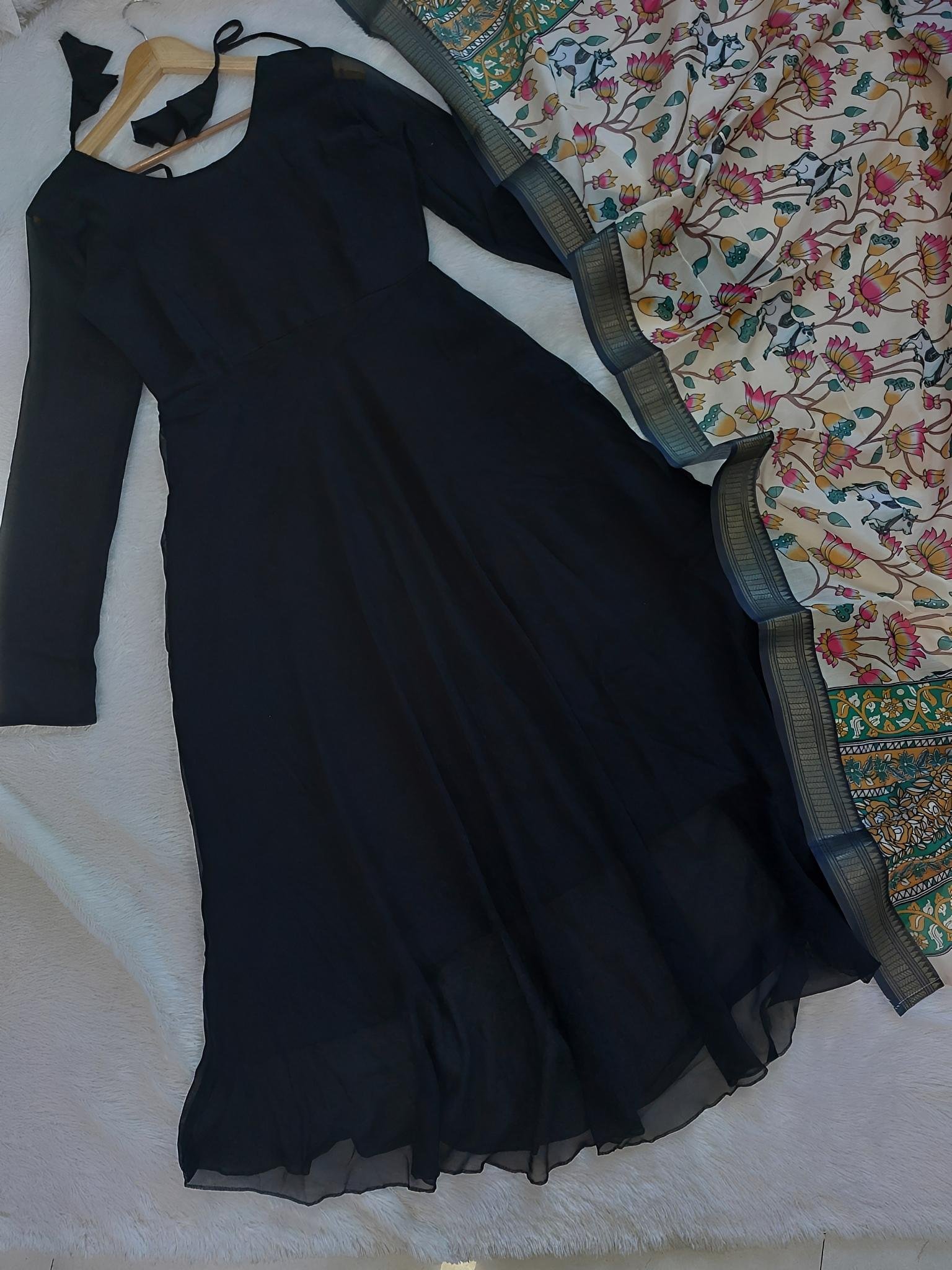 Black Designer Anarkali and Kalamkari Dupatta set - Offer