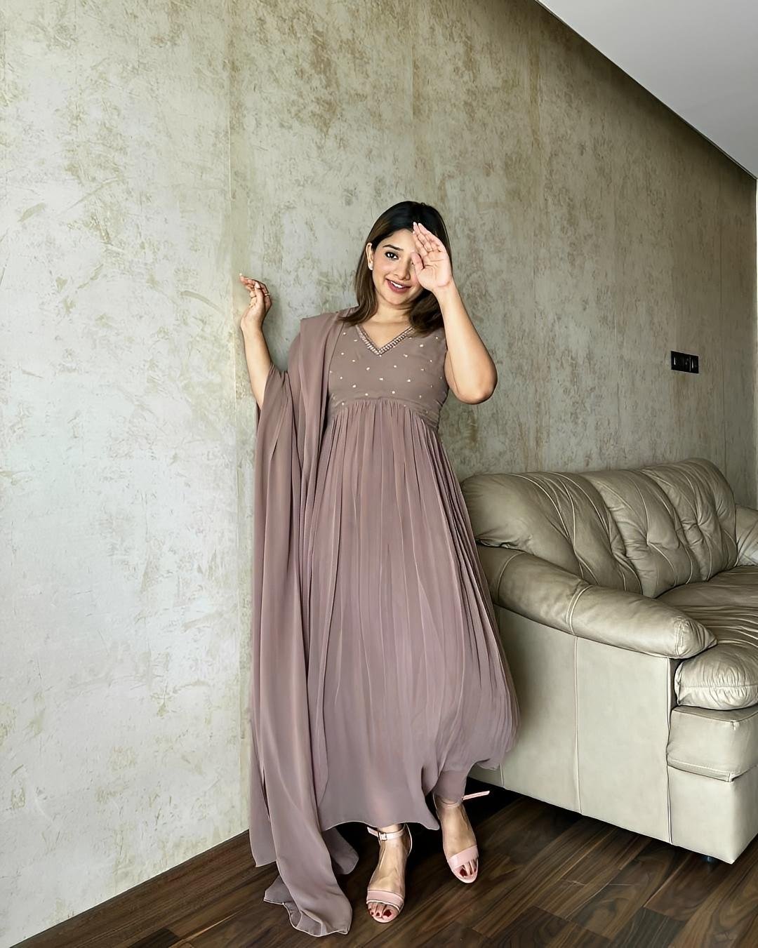 Chocolate Partywear Gown Pant Dupatta set - Exclusive Offer