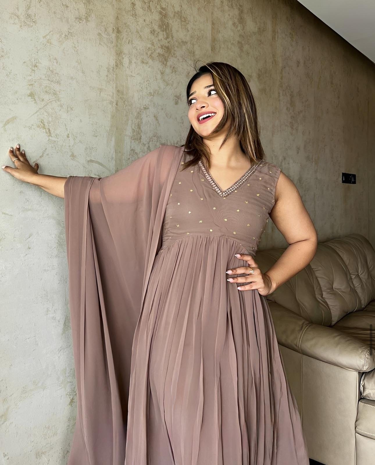 Chocolate Partywear Gown Pant Dupatta set - Exclusive Offer