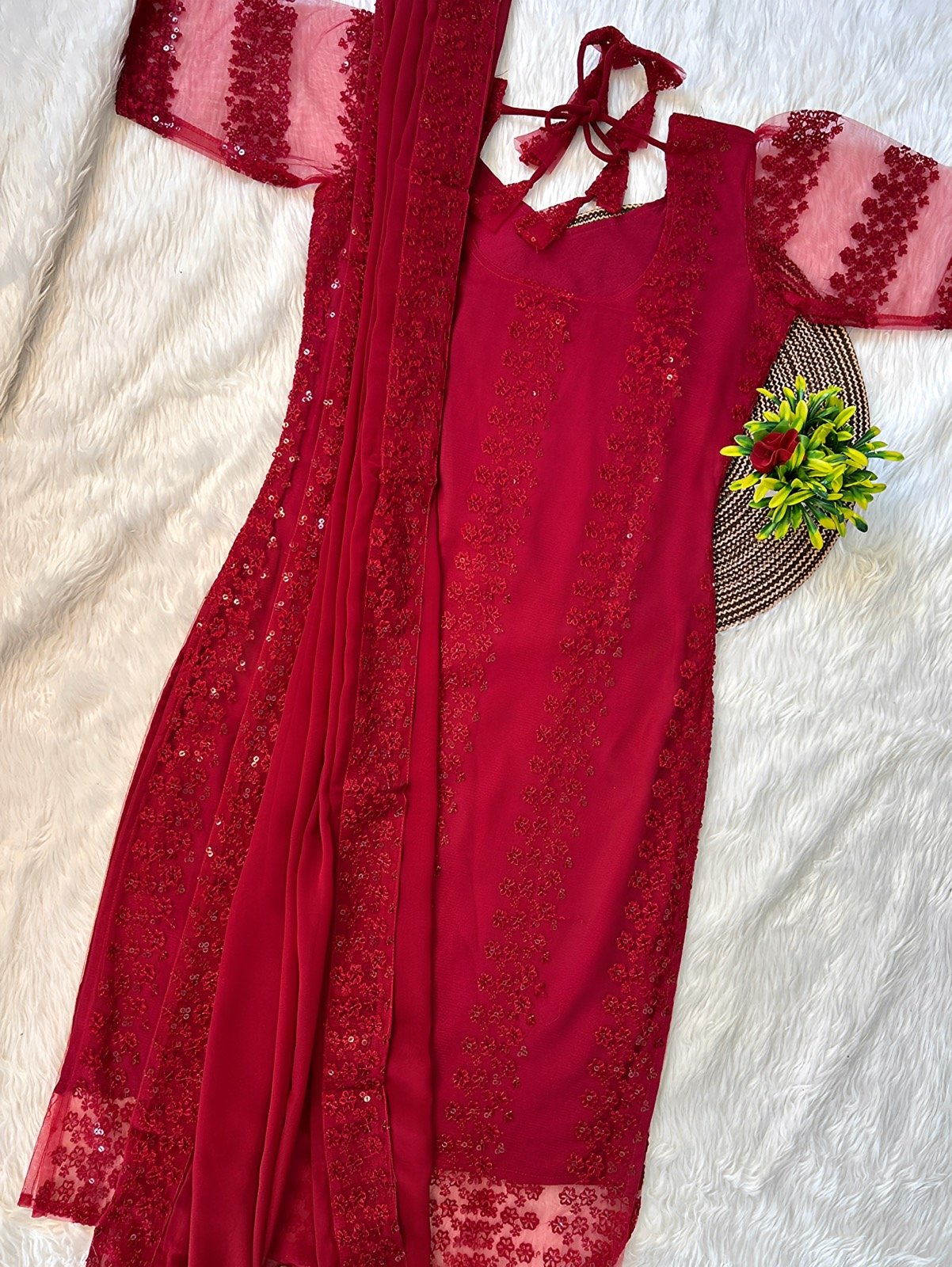 Red Floral Princess Kurti with Dupatta set - Huge Offer