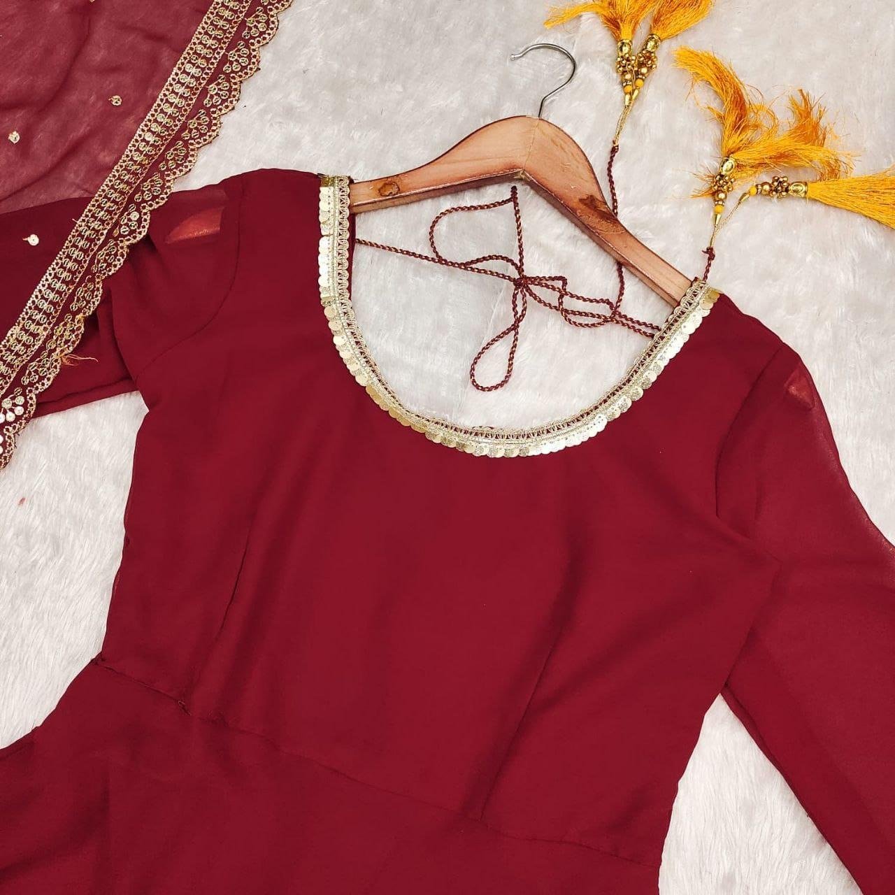 Beautiful Embroidery Georgette Gown with Lace In Dupatta Border