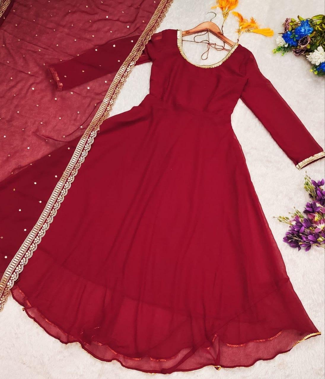 Beautiful Embroidery Georgette Gown with Lace In Dupatta Border