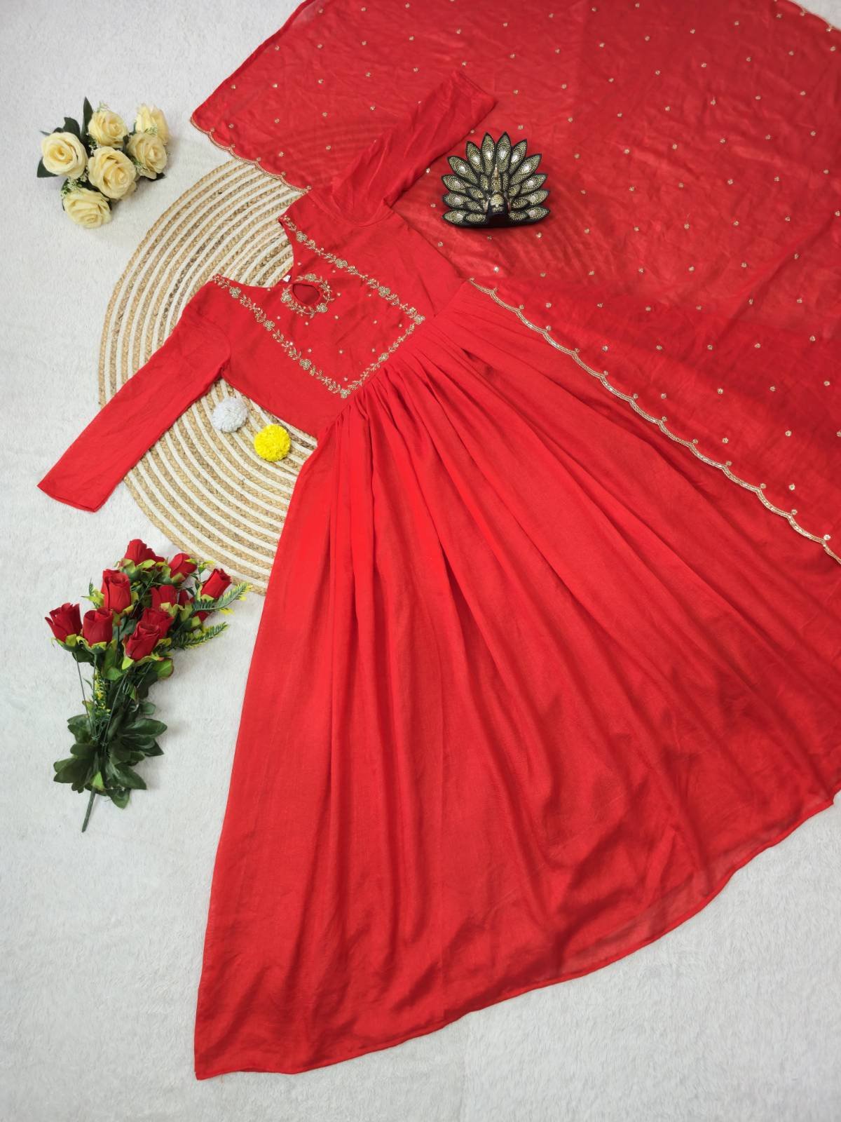 Designer Maggam Hand Work Gown With Zari Sequal Work Duppata.