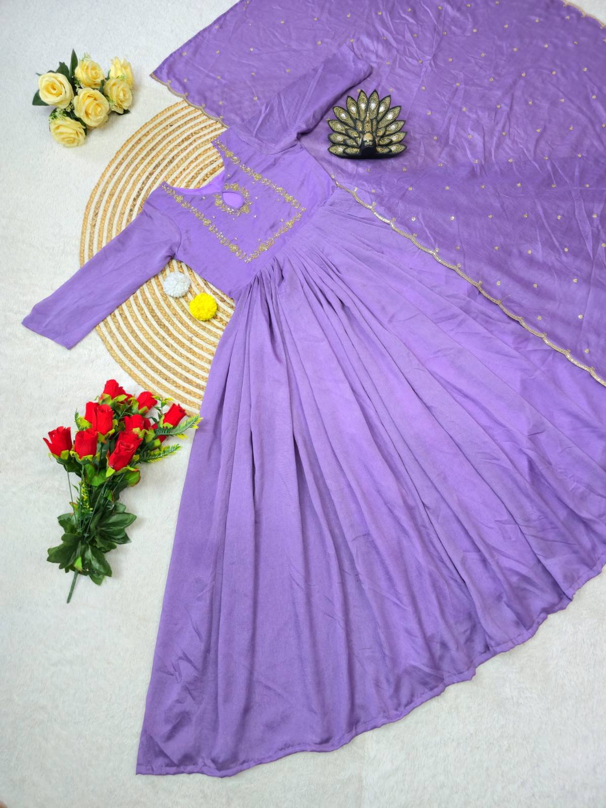 Designer Maggam Hand Work Gown With Zari Sequal Work Duppata.