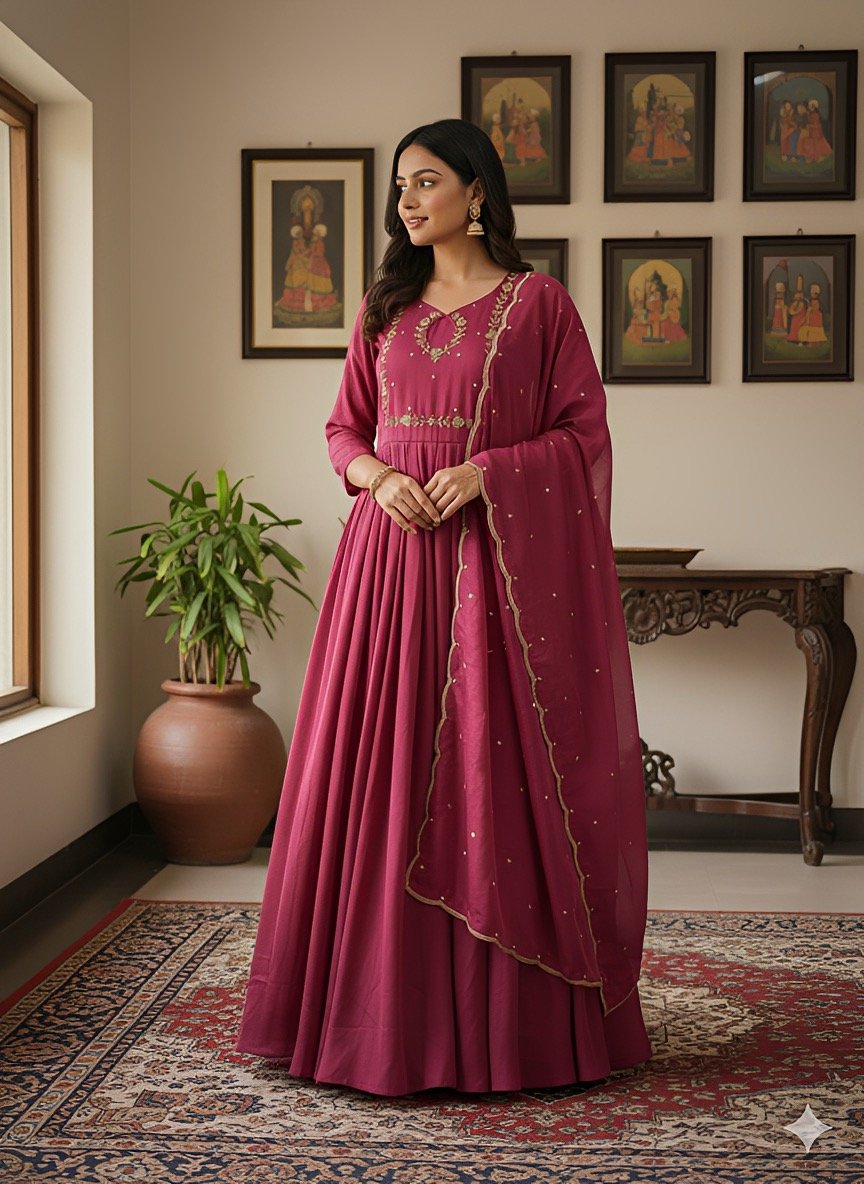 Designer Maggam Hand Work Gown With Zari Sequal Work Duppata.