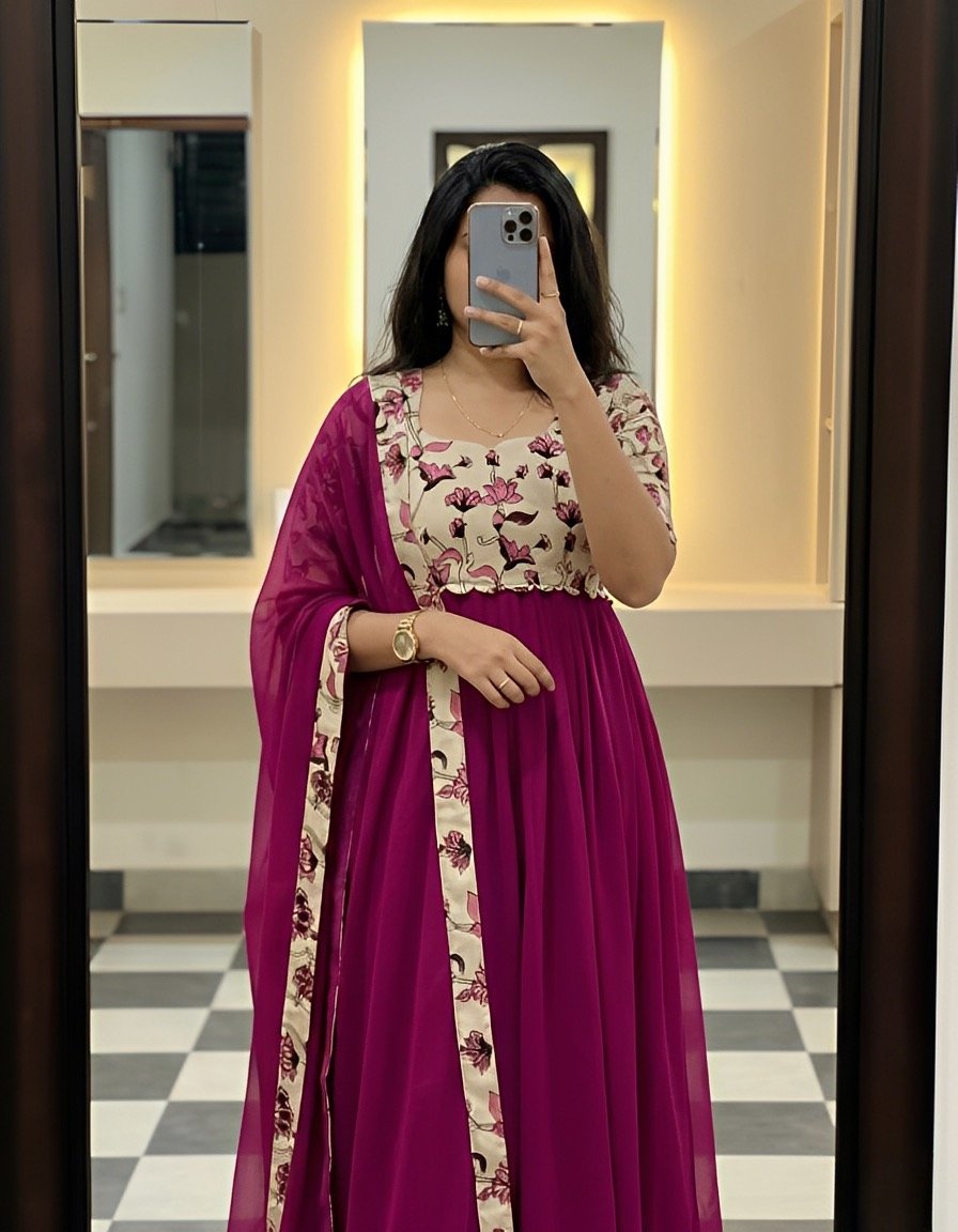 Floral Pink Georgette Gown with Dupatta / Offer sale Designer suit