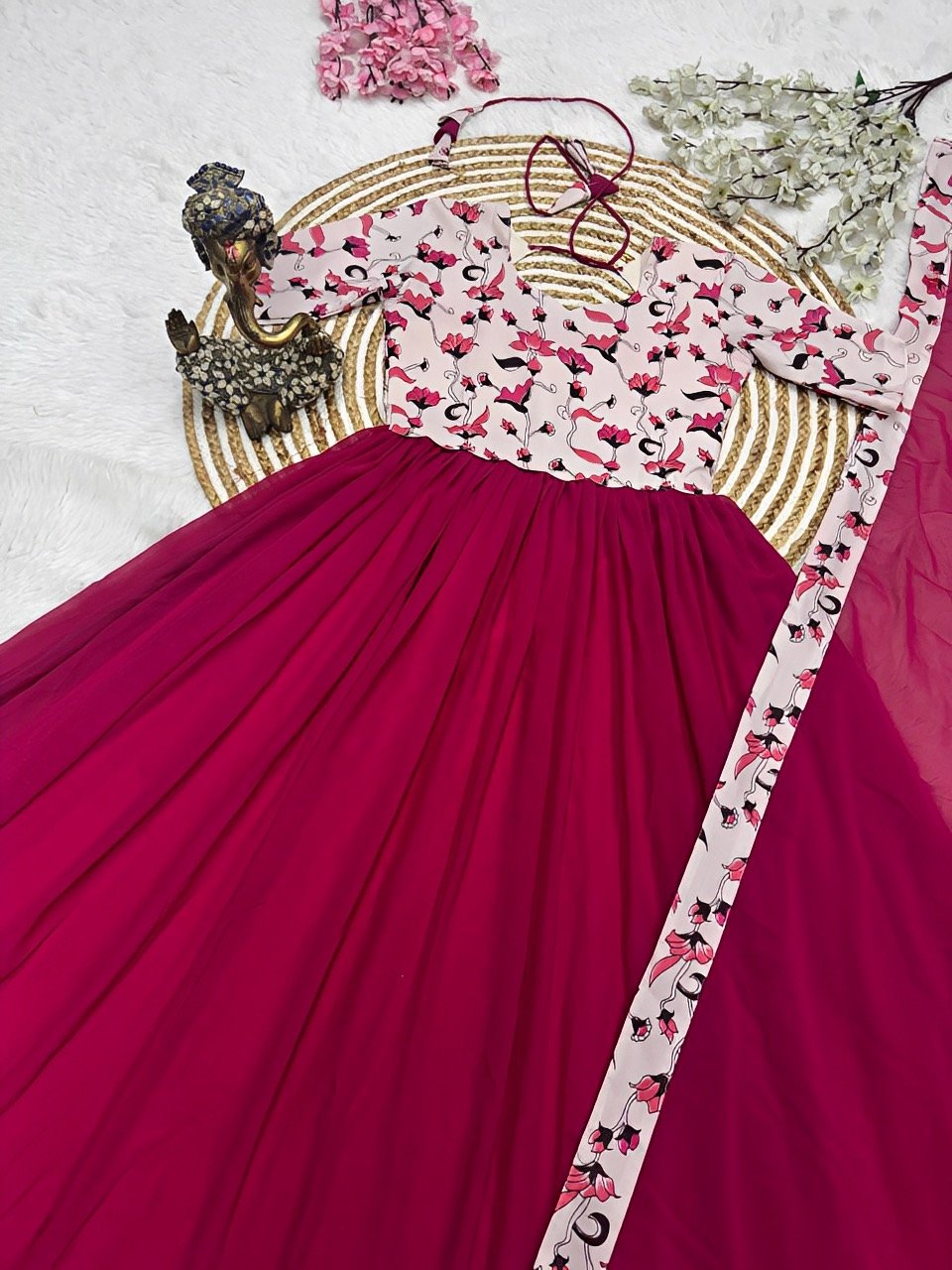 Floral Pink Georgette Gown with Dupatta / Offer sale Designer suit