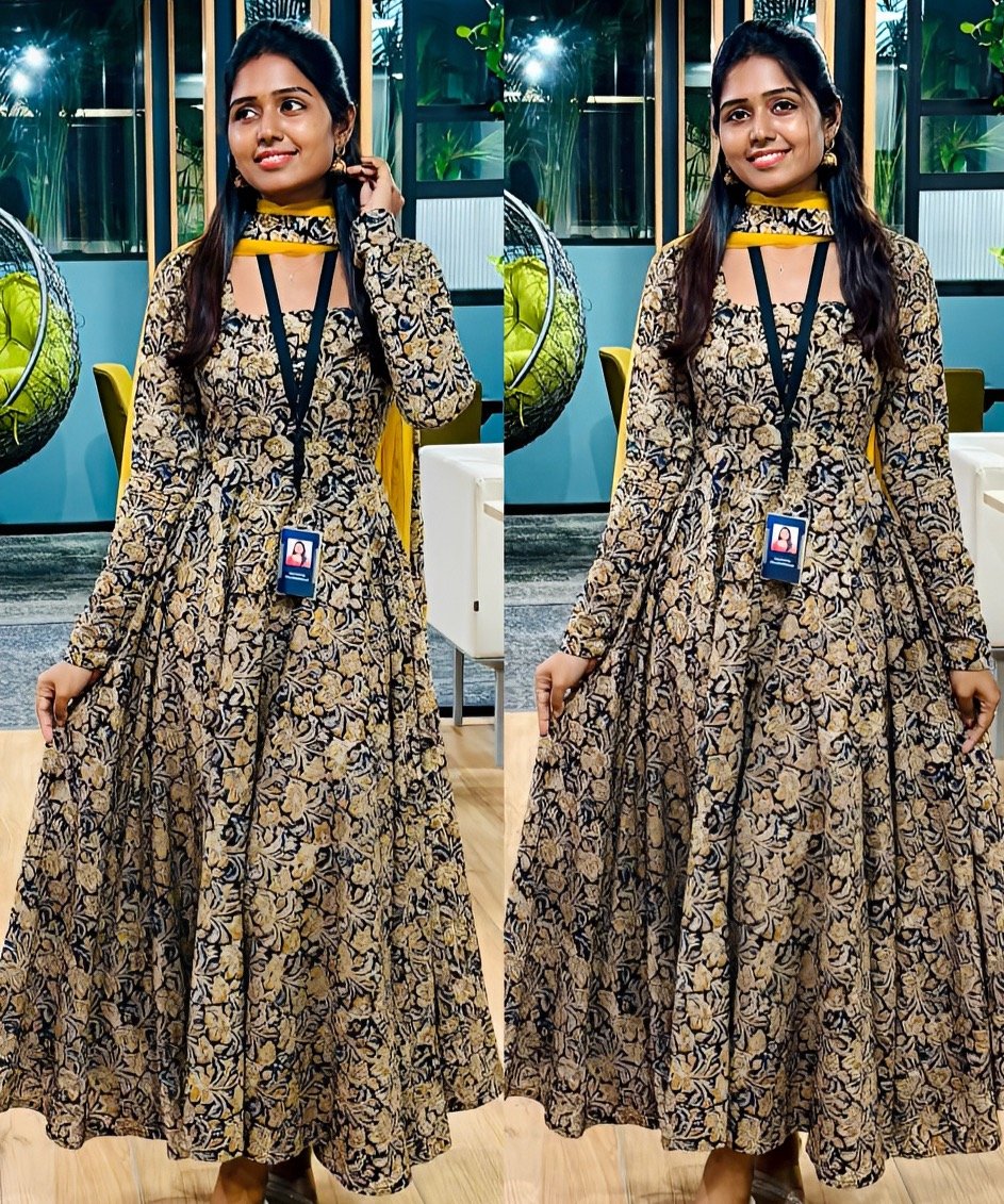 Kalamakari Printed Yellow Anarkali set - Office wear Kurti dupatta Huge Offer