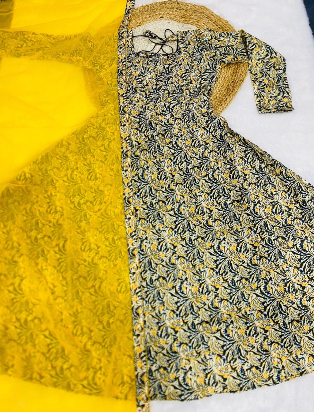 Kalamakari Printed Yellow Anarkali set - Office wear Kurti dupatta Huge Offer