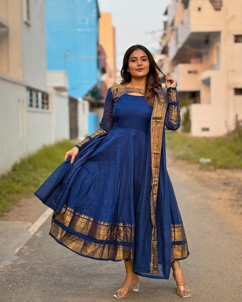 Divine Navy Blue Cotton Silk Gown set with Dupatta💙Exclusive Offer