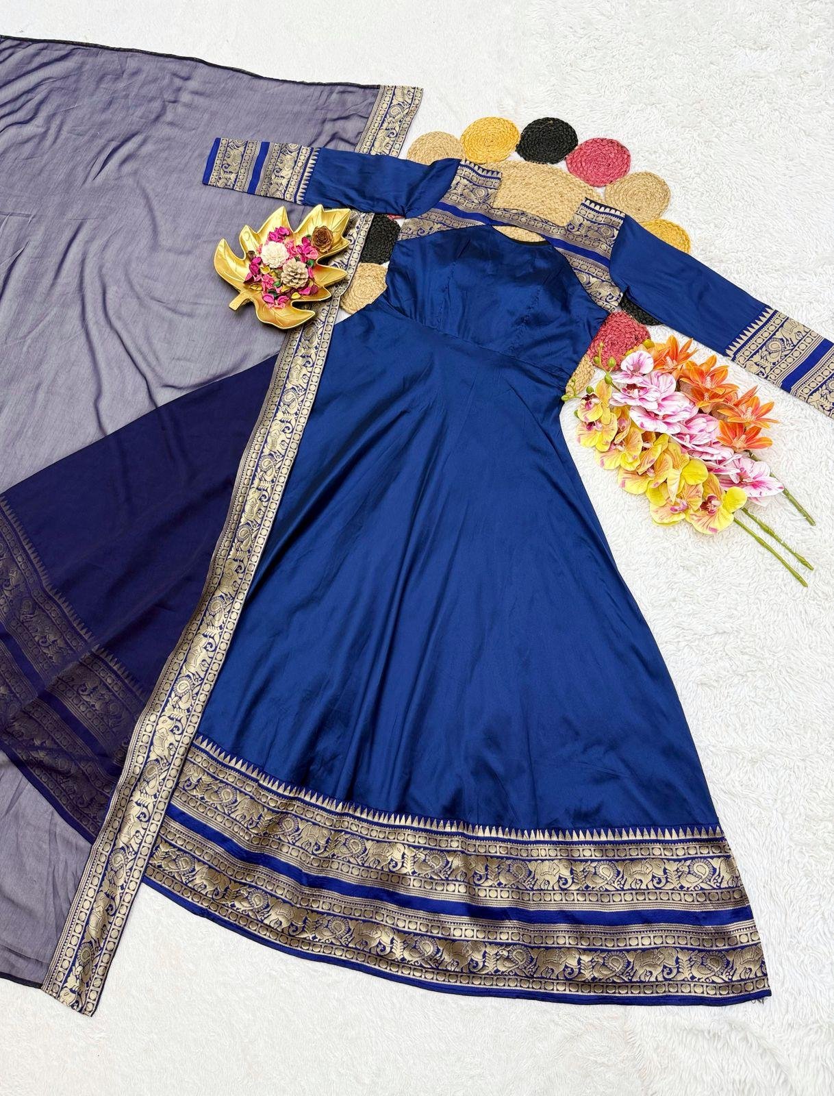 Divine Navy Blue Cotton Silk Gown set with Dupatta💙Exclusive Offer