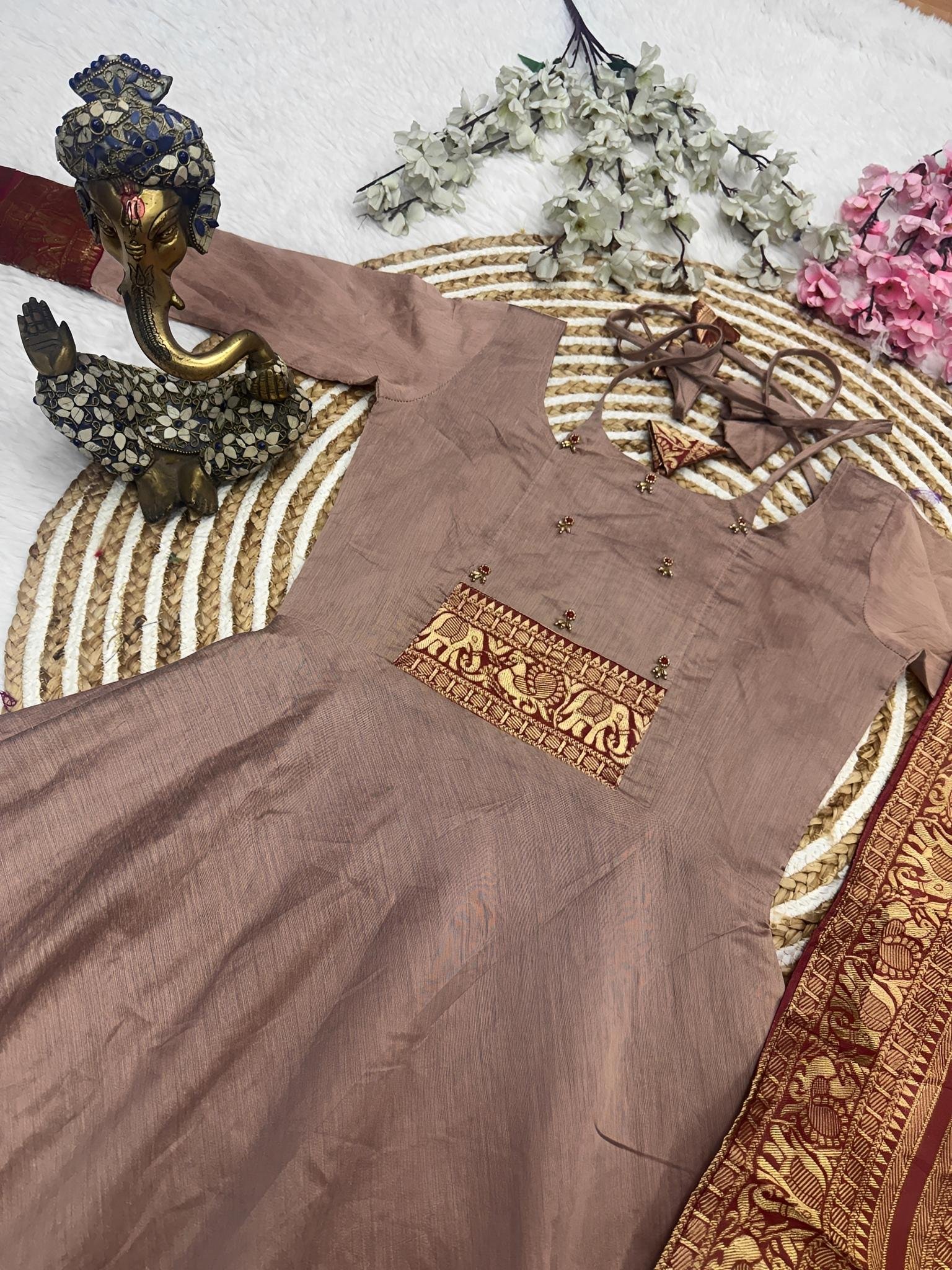 Chocolate Handworked Jaquard Gown with Dupatta - Huge Offer