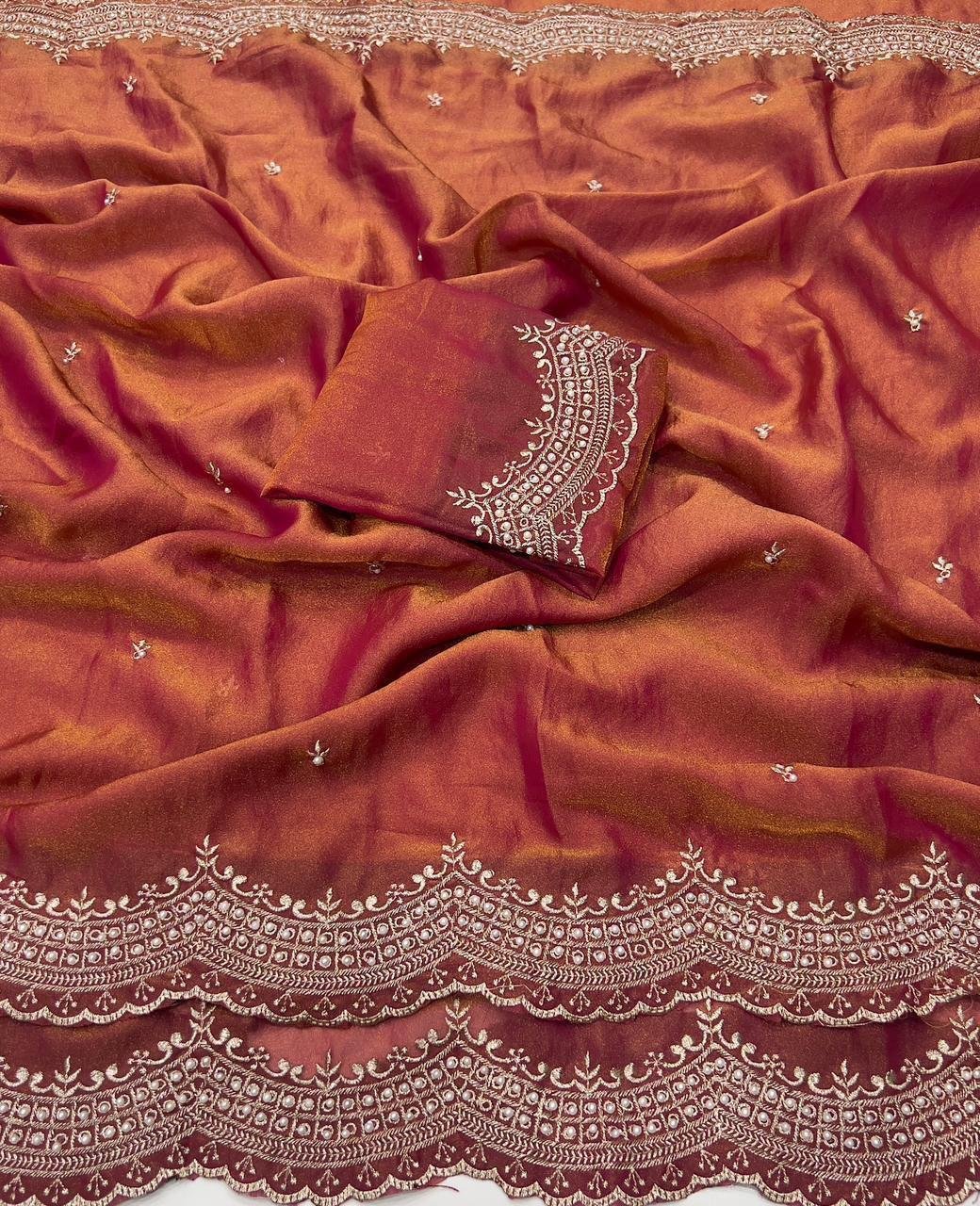 Satin Dual shade Multi embroidery Saree