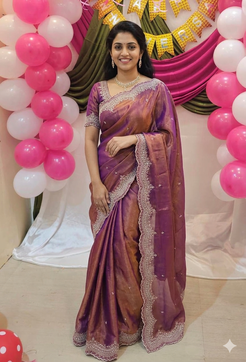 Satin Dual shade Multi embroidery Saree