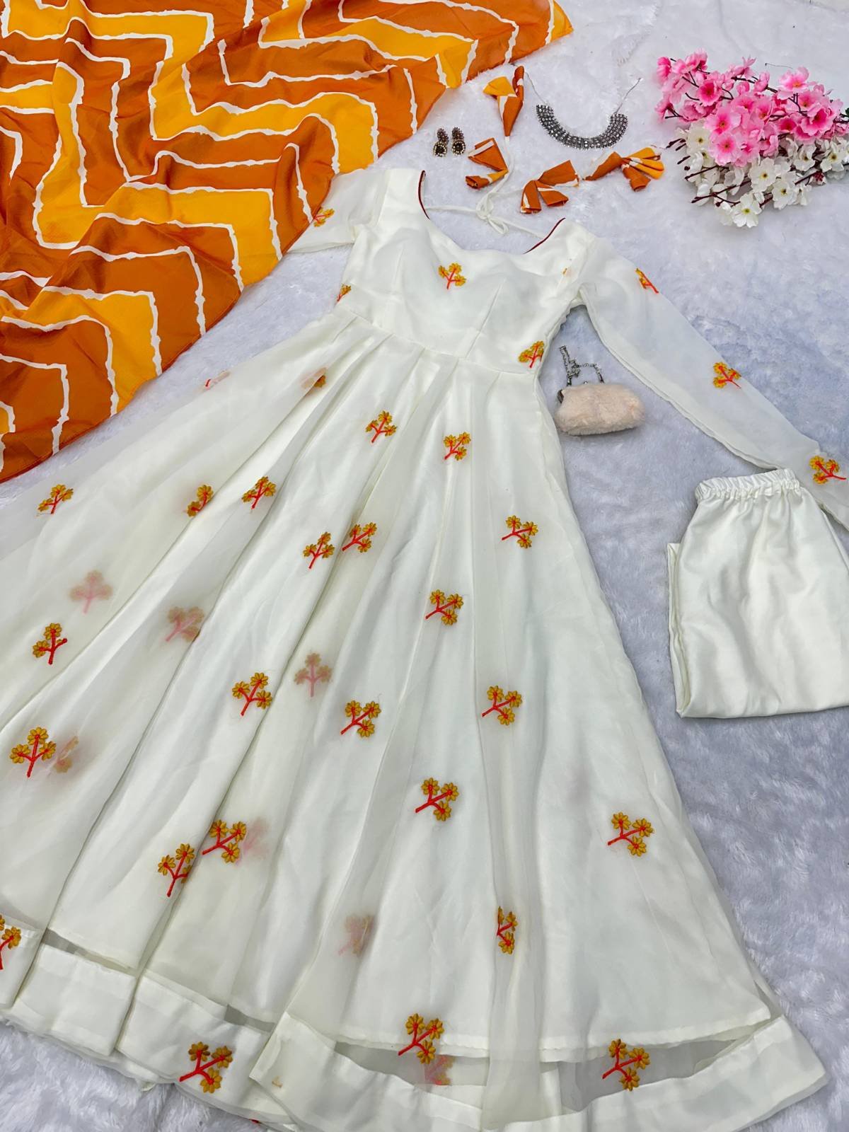 Frozen White Anarkali set -Easter special